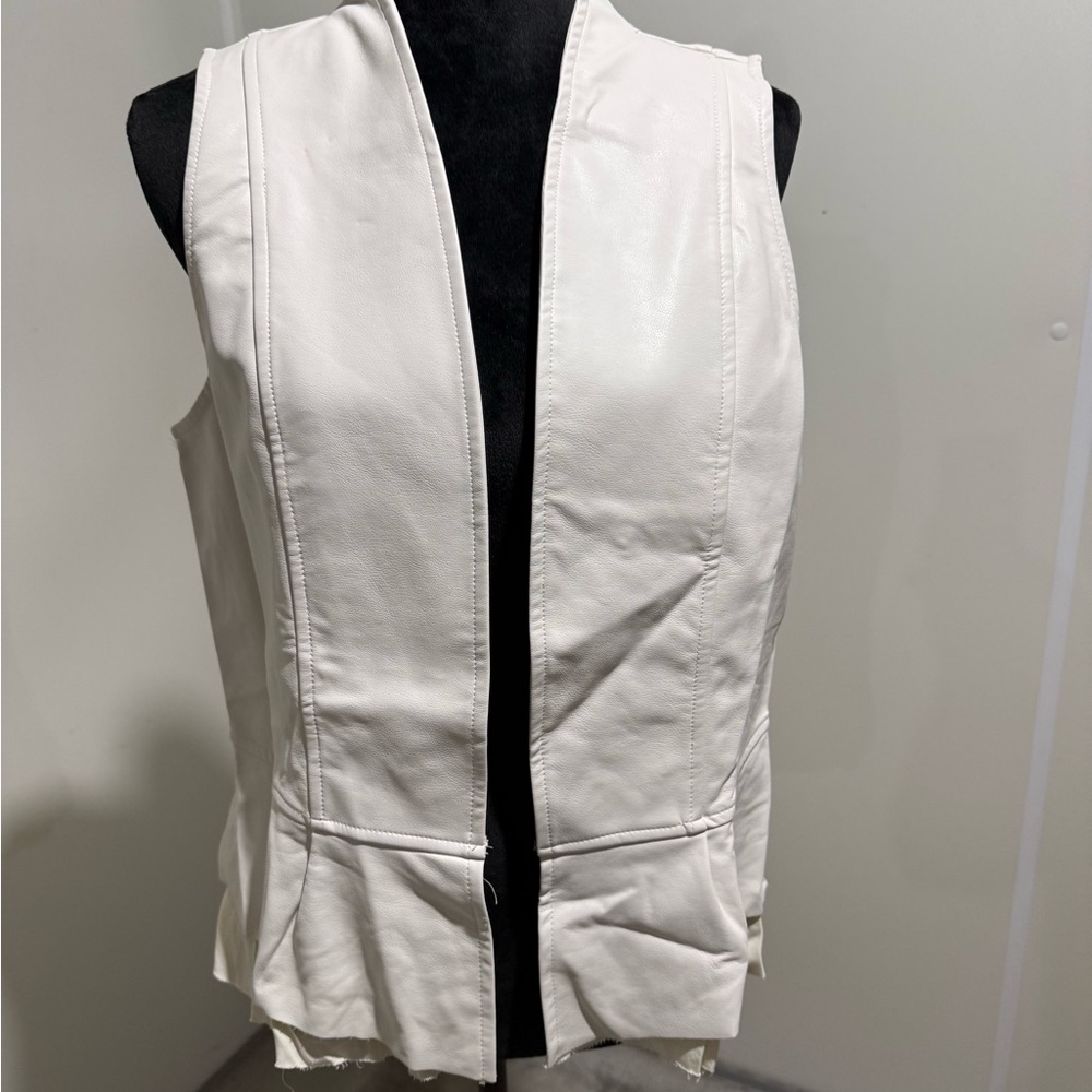 Cream Faux Leather Ruffle Hem Open Front Moto Vest